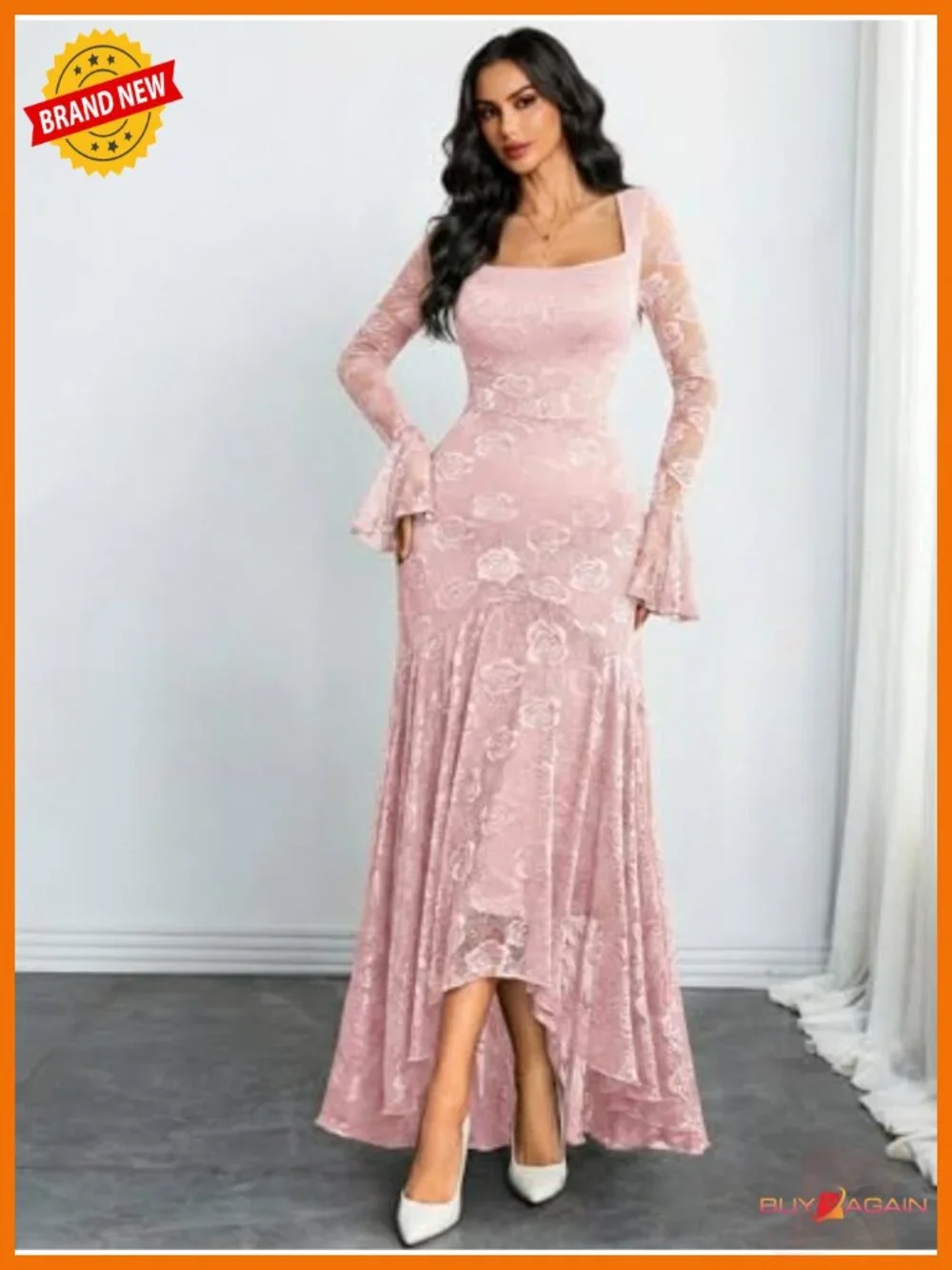 Women's Lace Bodycon Dress Bell Sleeve Square Neck High Low Formal Party